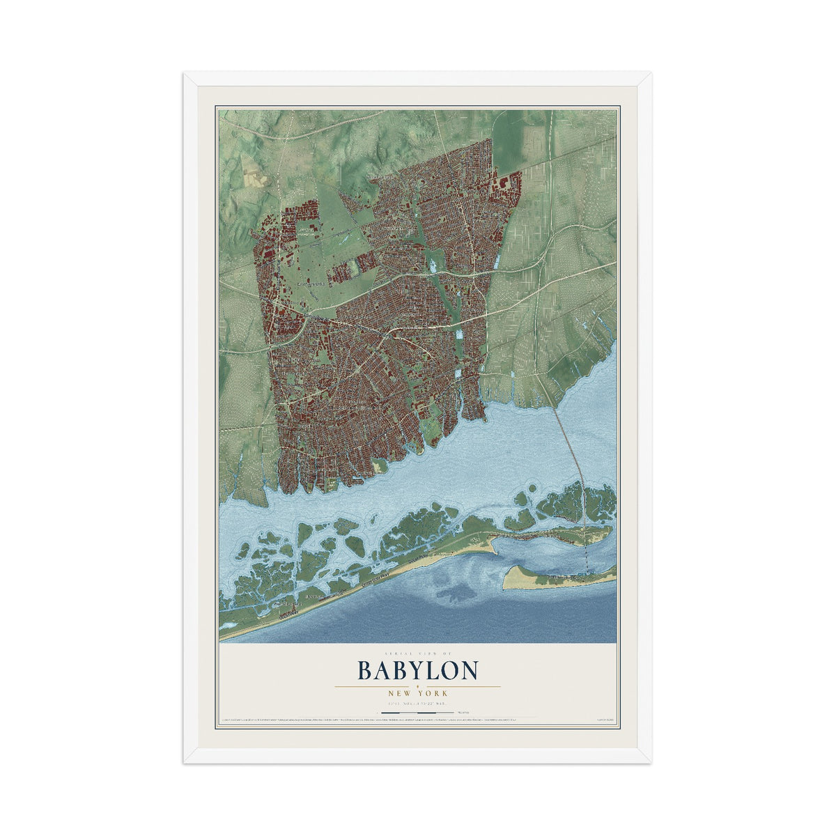 Babylon, New York map print, 12" x 18" W/ White Ayous Wood Frame mockup