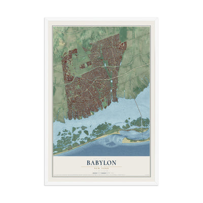 Babylon, New York map print, 12" x 18" W/ White Ayous Wood Frame mockup