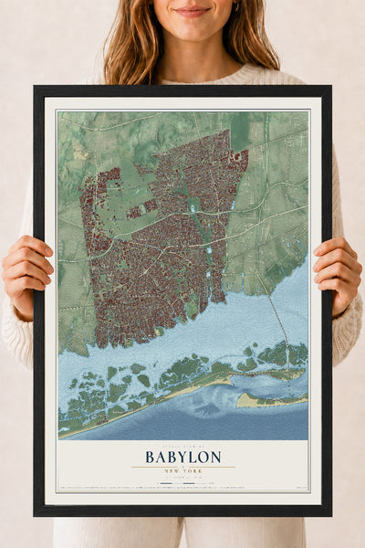 Babylon, New York map print, 18" x 24" W/ Black Ayous Wood Frame mockup