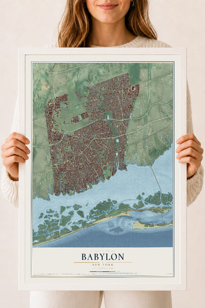 Babylon, New York map print, 18" x 24" W/ White Ayous Wood Frame mockup