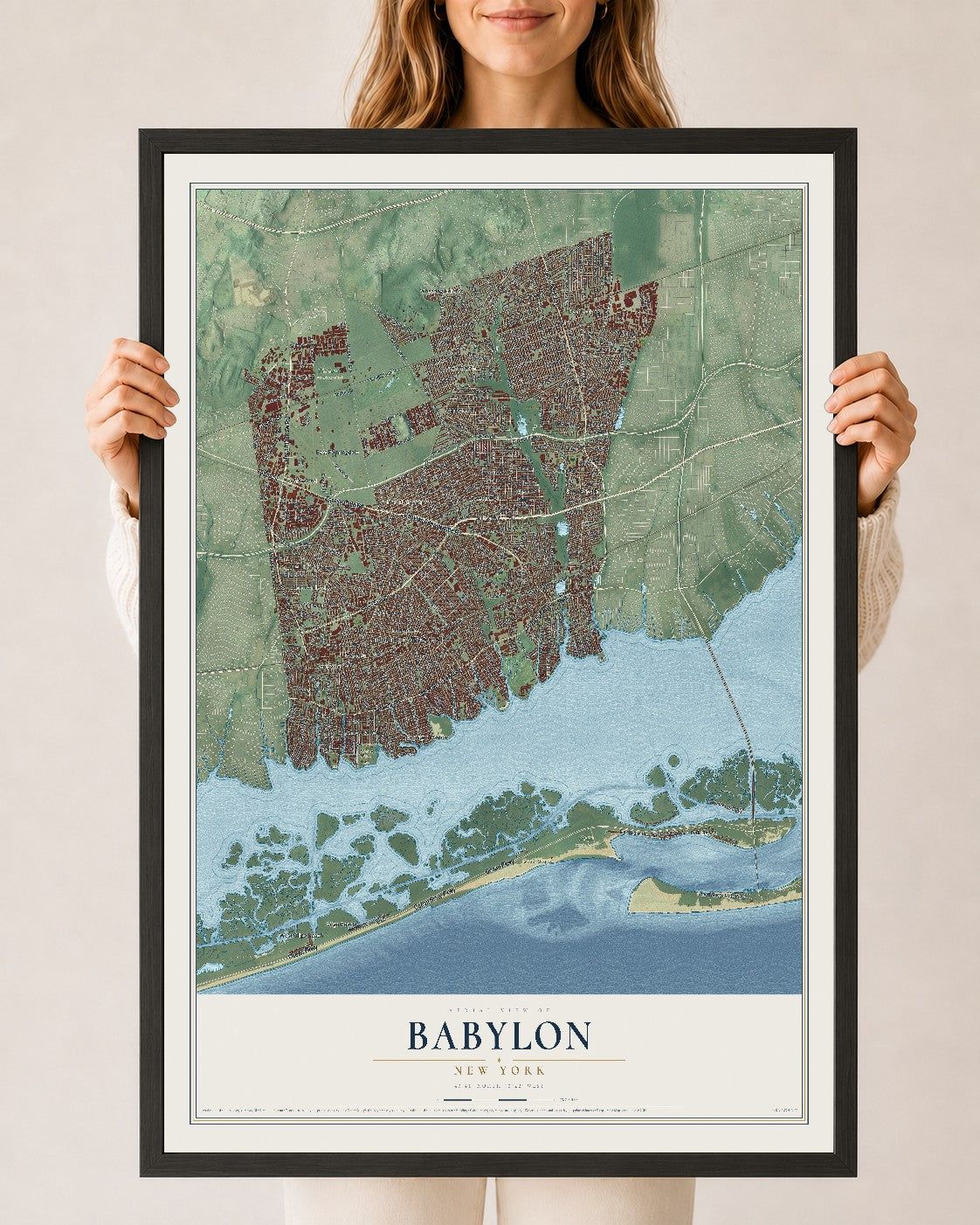 Babylon, New York map print, 24" x 36" W/ Black Ayous Wood Frame mockup