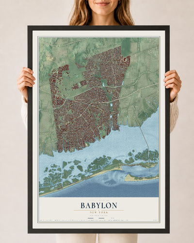 Babylon, New York map print, 24" x 36" W/ Black Ayous Wood Frame mockup