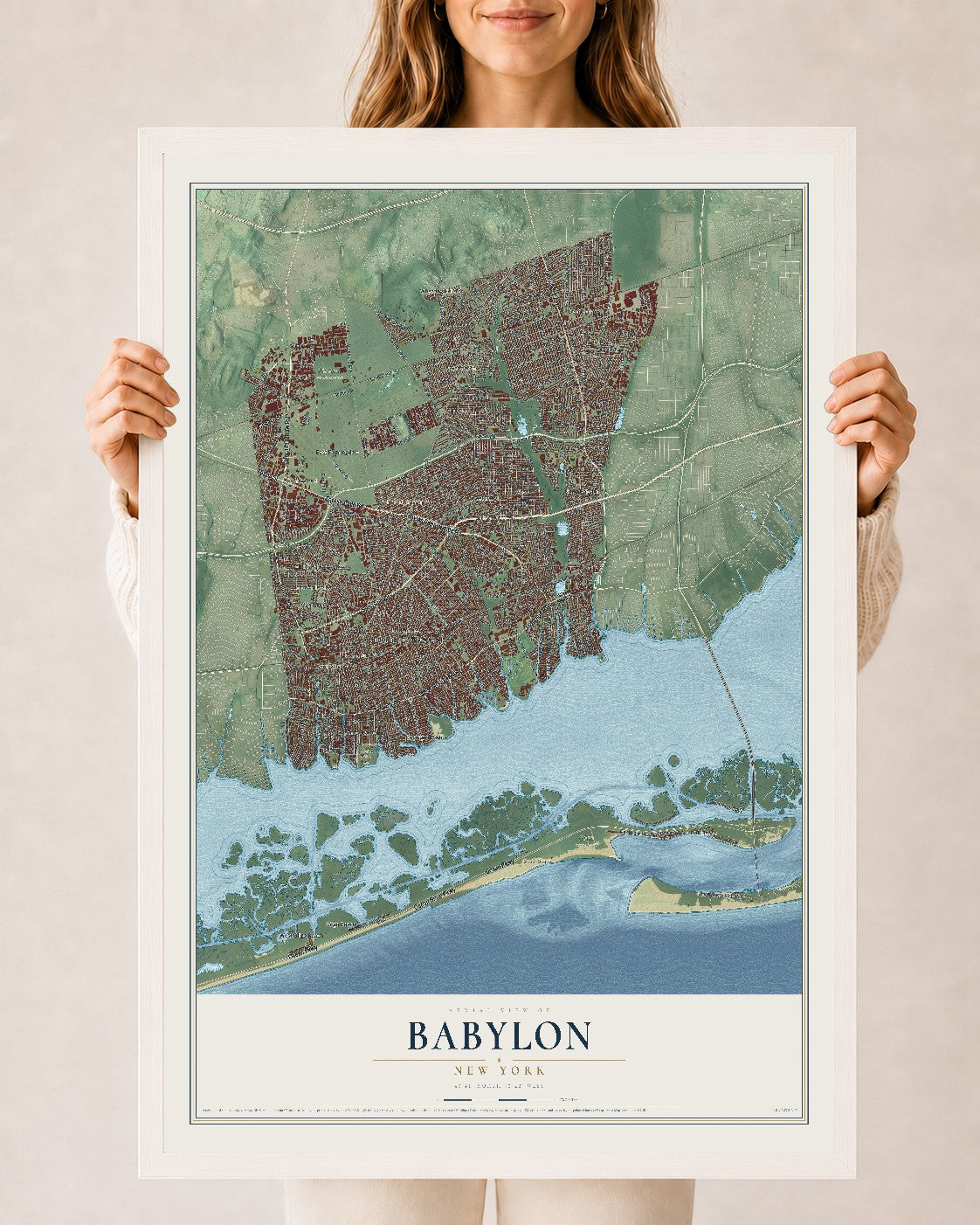 Babylon, New York map print, 24" x 36" W/ White Ayous Wood Frame mockup