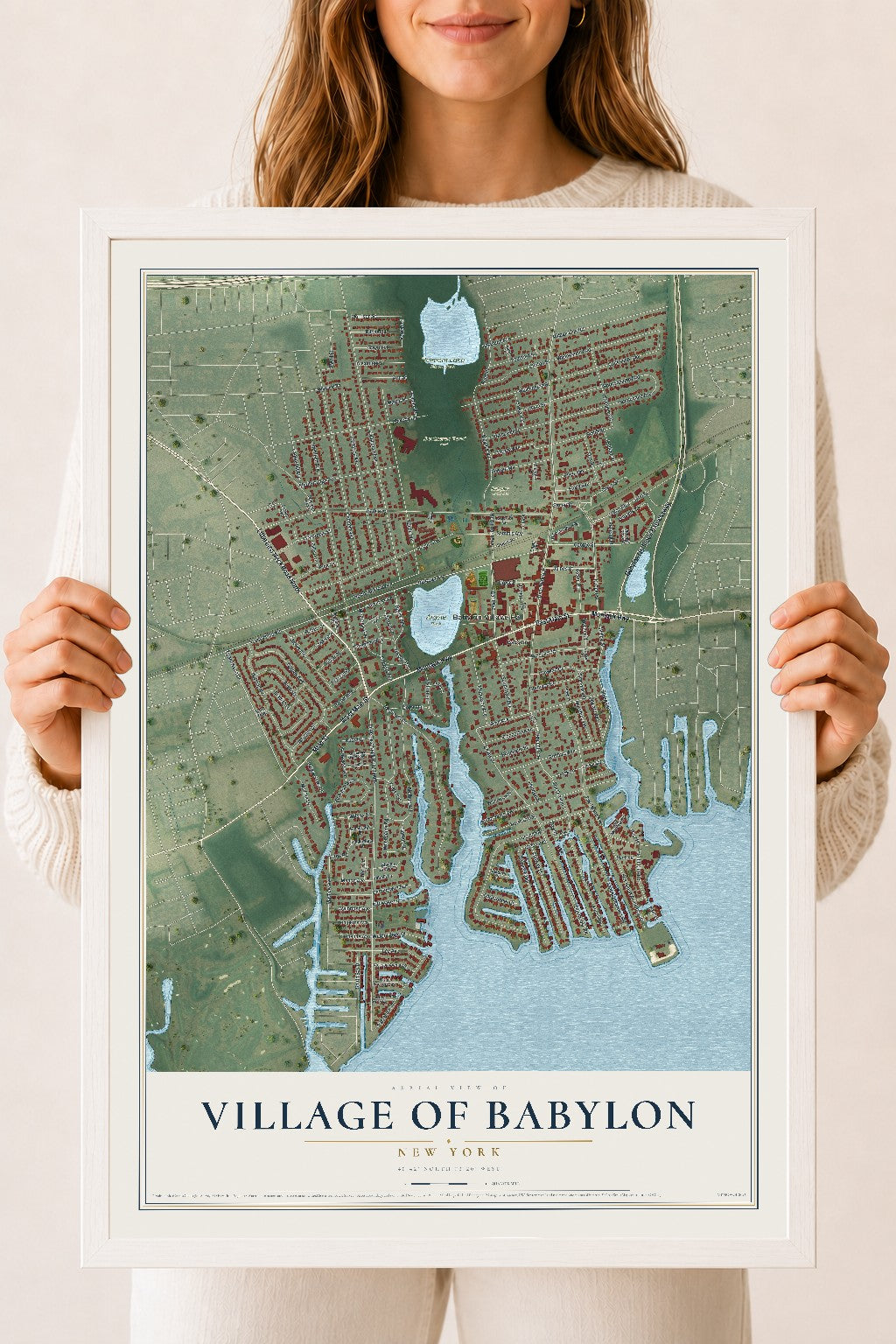 Babylon, New York map print, 18" x 24" W/ White Ayous Wood Frame mockup
