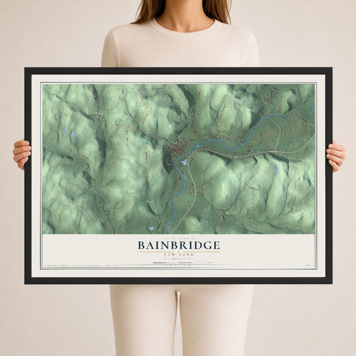 Bainbridge, New York map print, 24" x 36" W/ Black Ayous Wood Frame mockup