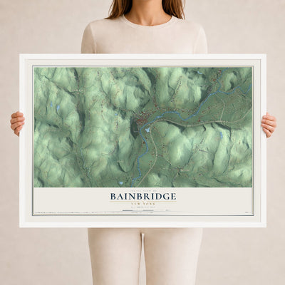 Bainbridge, New York map print, 24" x 36" W/ White Ayous Wood Frame mockup
