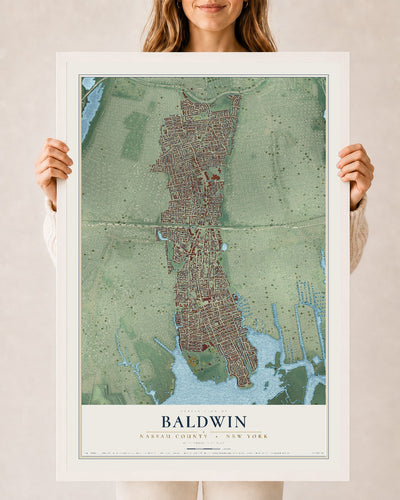 Baldwin, New York map print, 24" x 36" W/ White Ayous Wood Frame mockup