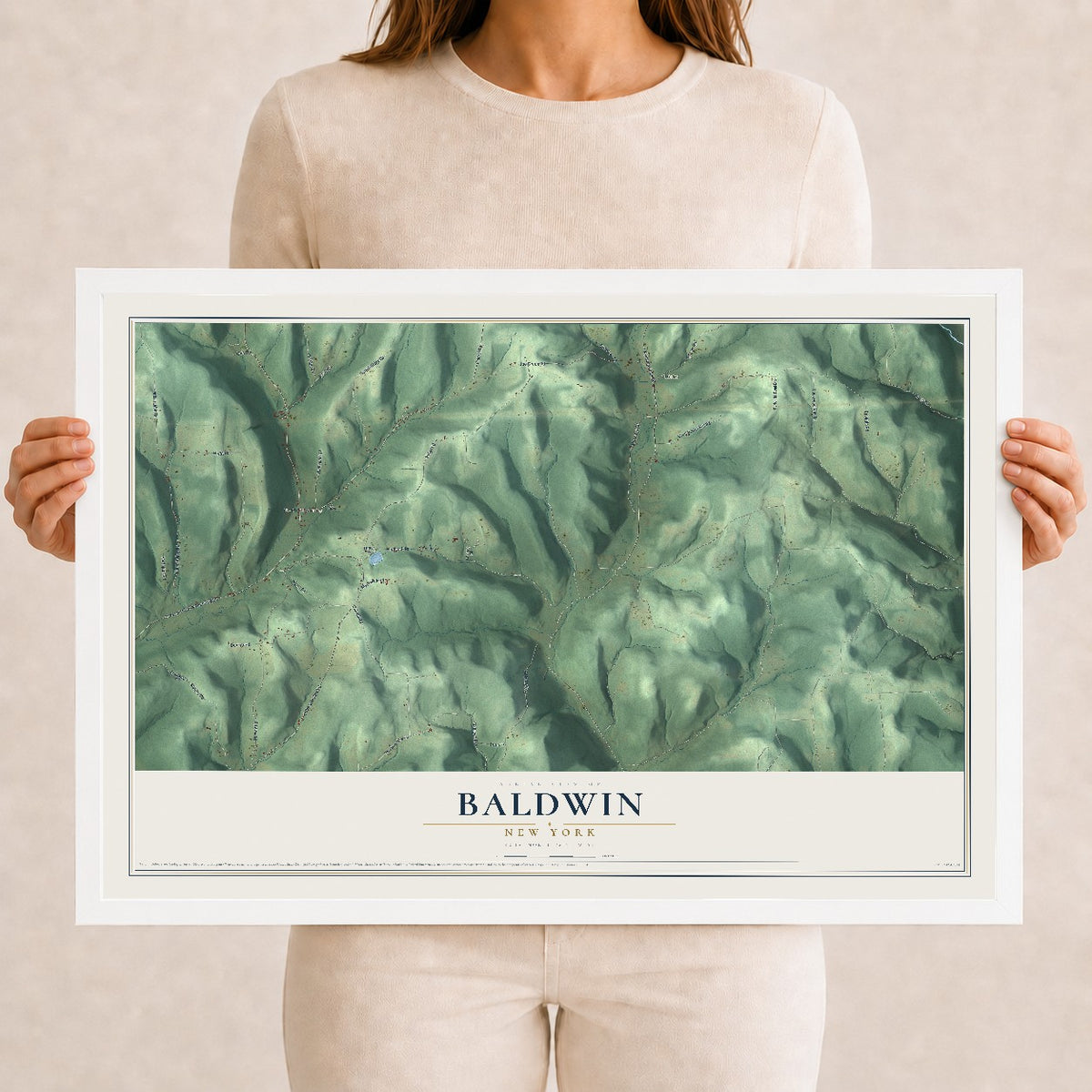 Baldwin, New York map print, 12" x 18" W/ White Ayous Wood Frame mockup