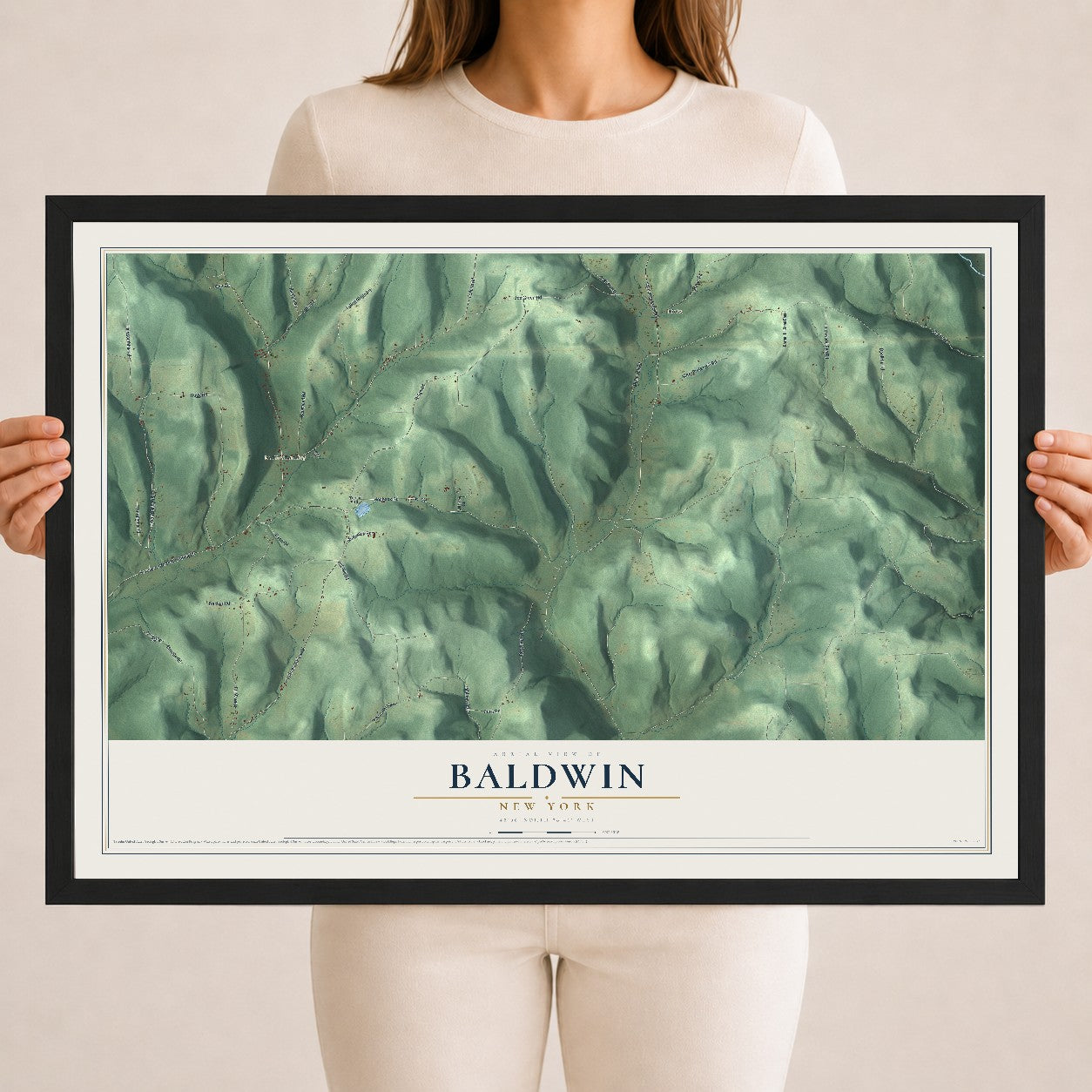 Baldwin, New York map print, 18" x 24" W/ Black Ayous Wood Frame mockup