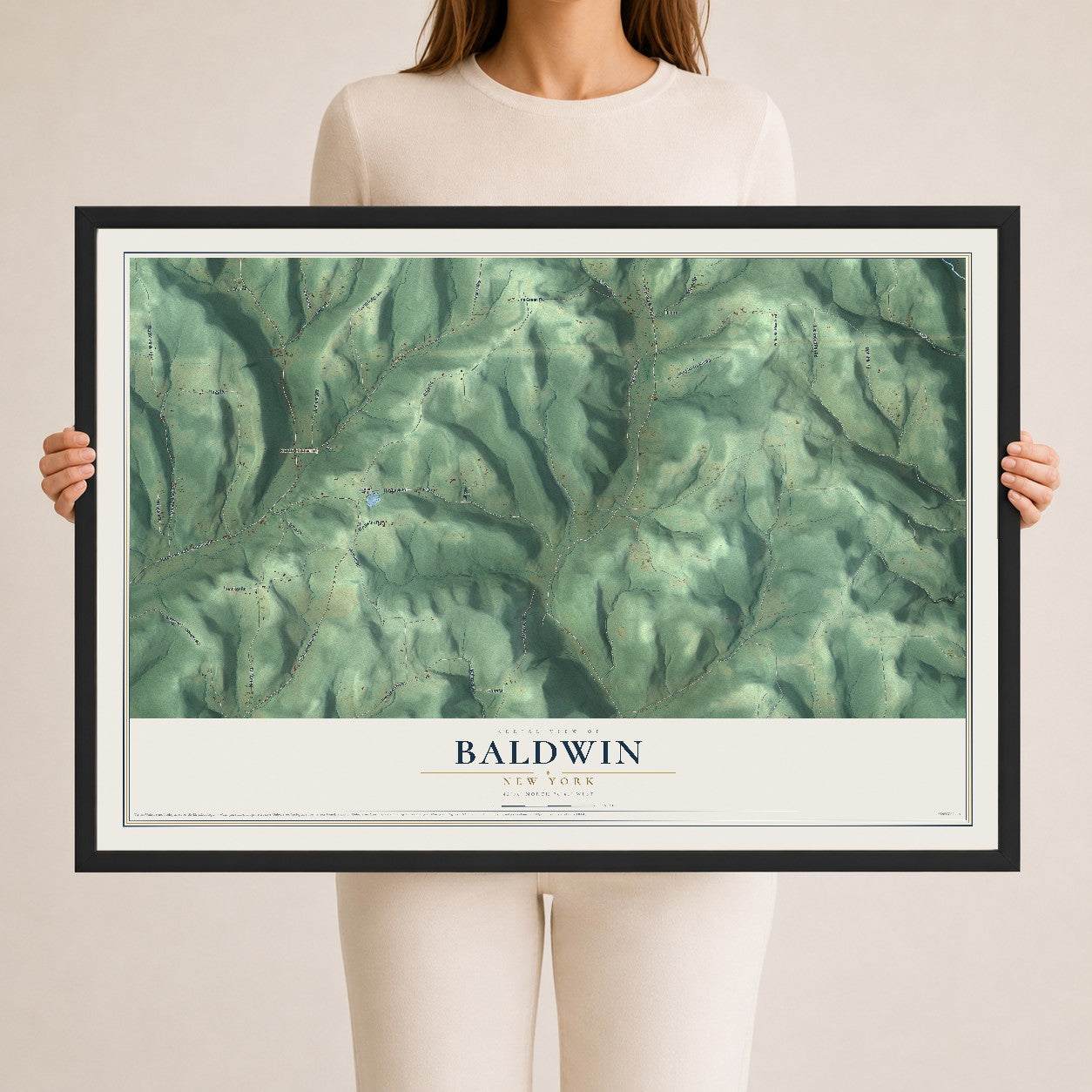Baldwin, New York map print, 24" x 36" W/ Black Ayous Wood Frame mockup