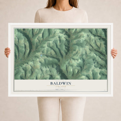 Baldwin, New York map print, 24" x 36" W/ White Ayous Wood Frame mockup