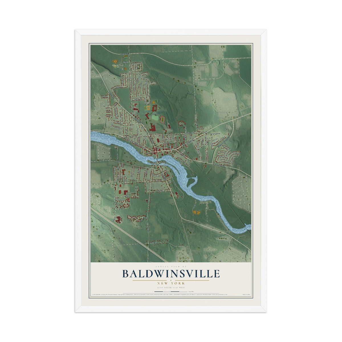 Baldwinsville, New York map print, 12" x 18" W/ White Ayous Wood Frame mockup