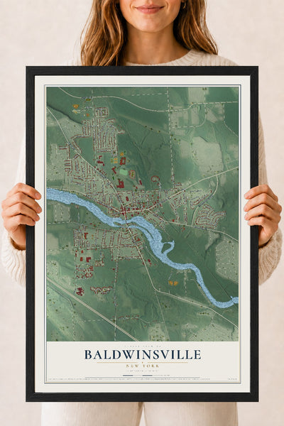 Baldwinsville, New York map print, 18" x 24" W/ Black Ayous Wood Frame mockup