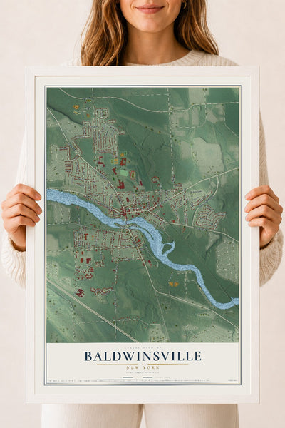 Baldwinsville, New York map print, 18" x 24" W/ White Ayous Wood Frame mockup