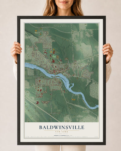 Baldwinsville, New York map print, 24" x 36" W/ Black Ayous Wood Frame mockup