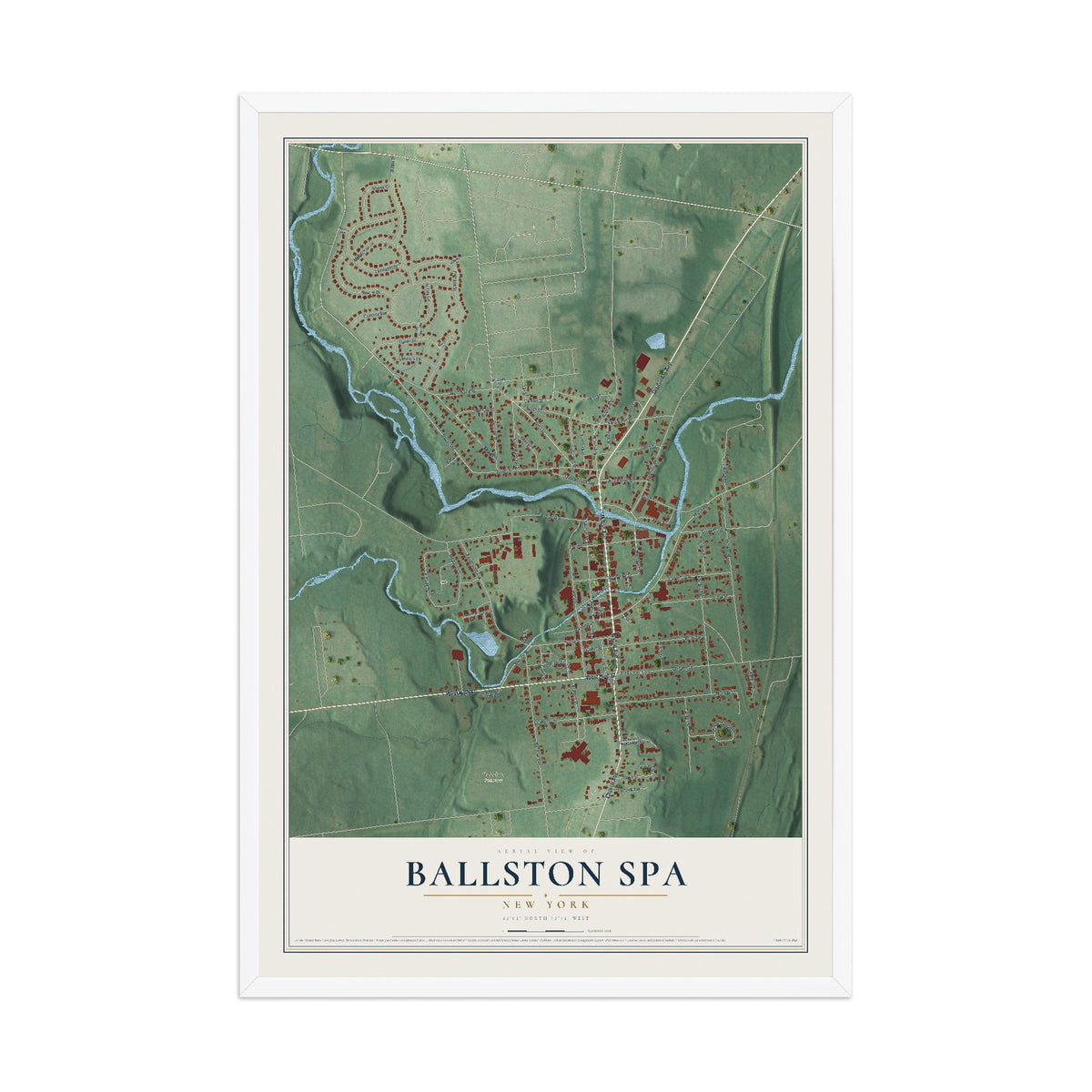 Ballston Spa, New York map print, 12" x 18" W/ White Ayous Wood Frame mockup