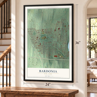 Bardonia, New York map, 24 x 36 inch print in a black frame by a staircase