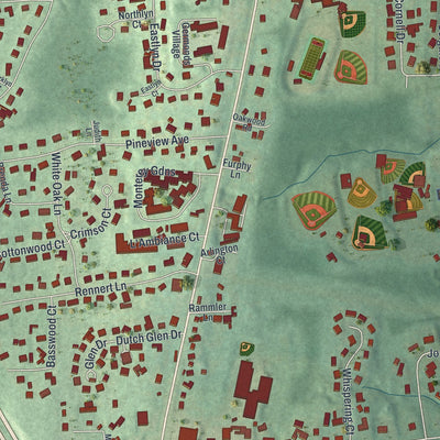 Close-up of the map of Bardonia, New York print showing street and building detail
