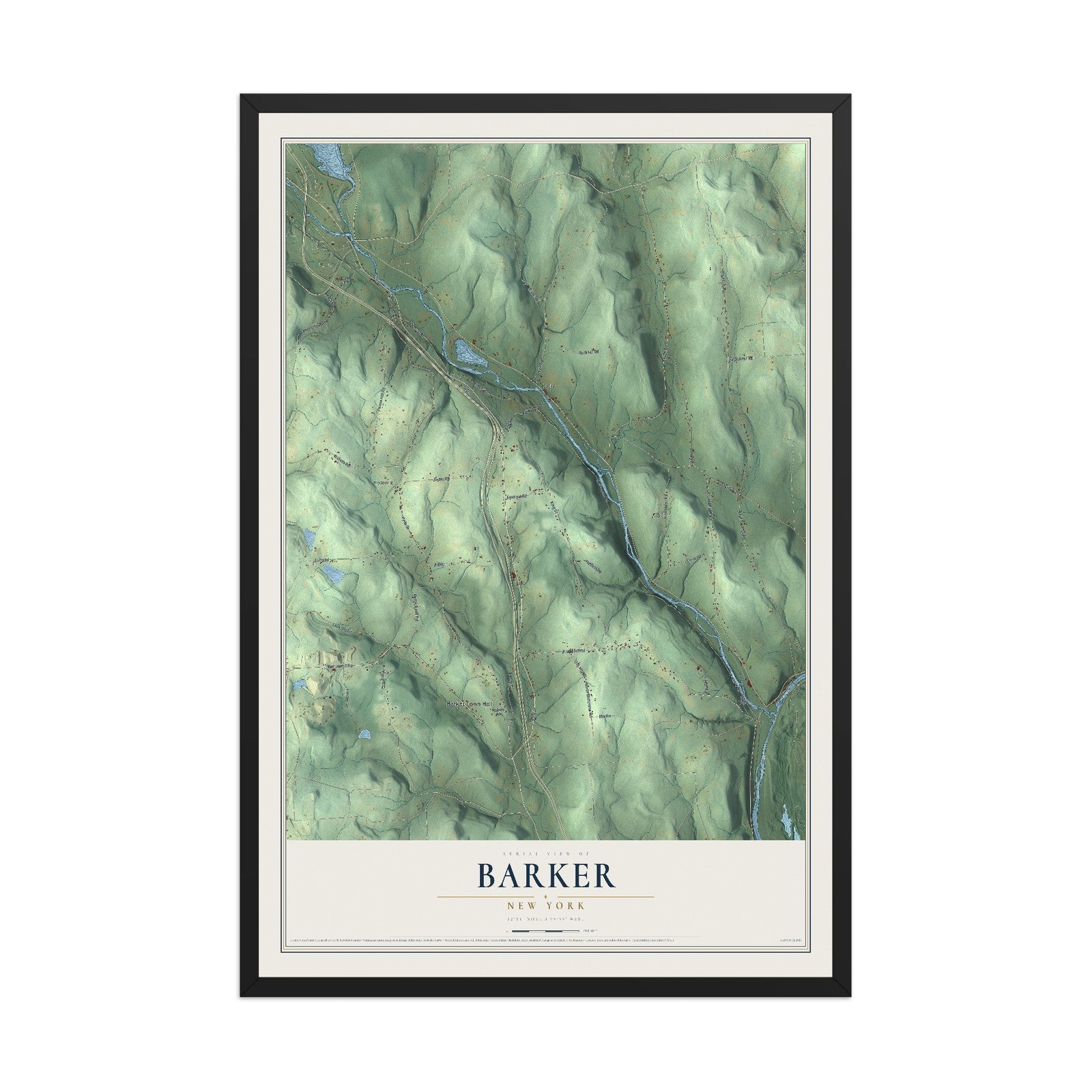 Barker, New York map print, 12" x 18" W/ Black Ayous Wood Frame mockup