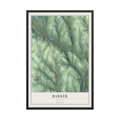 Barker, New York map print, 12" x 18" W/ Black Ayous Wood Frame mockup