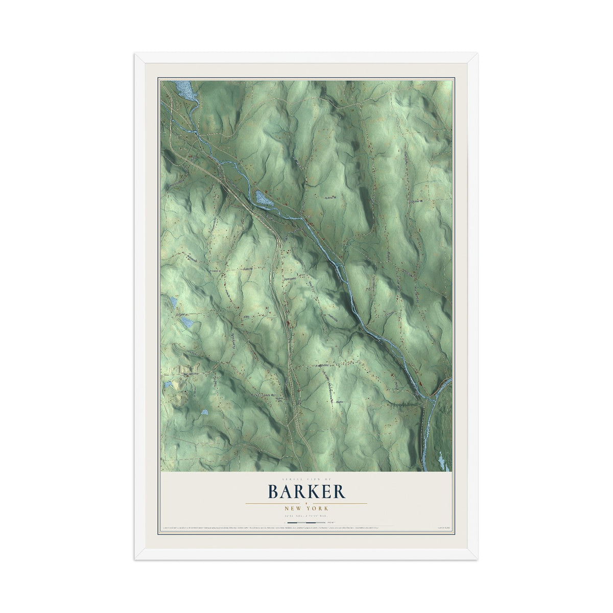 Barker, New York map print, 12" x 18" W/ White Ayous Wood Frame mockup