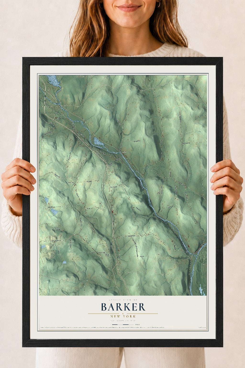 Barker, New York map print, 18" x 24" W/ Black Ayous Wood Frame mockup