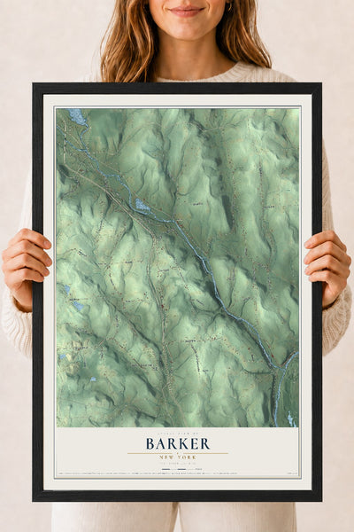 Barker, New York map print, 18" x 24" W/ Black Ayous Wood Frame mockup