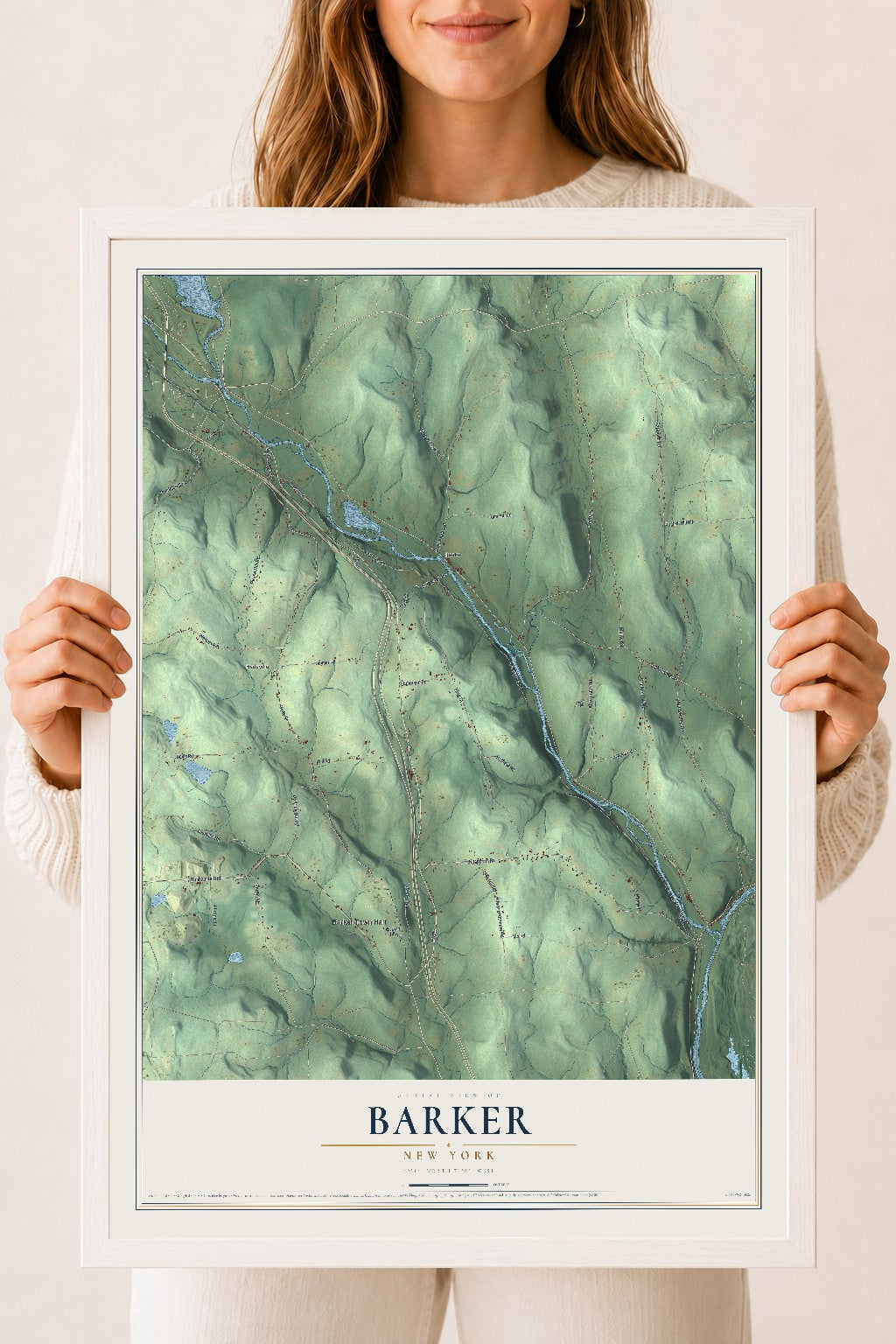 Barker, New York map print, 18" x 24" W/ White Ayous Wood Frame mockup