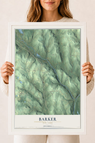 Barker, New York map print, 18" x 24" W/ White Ayous Wood Frame mockup