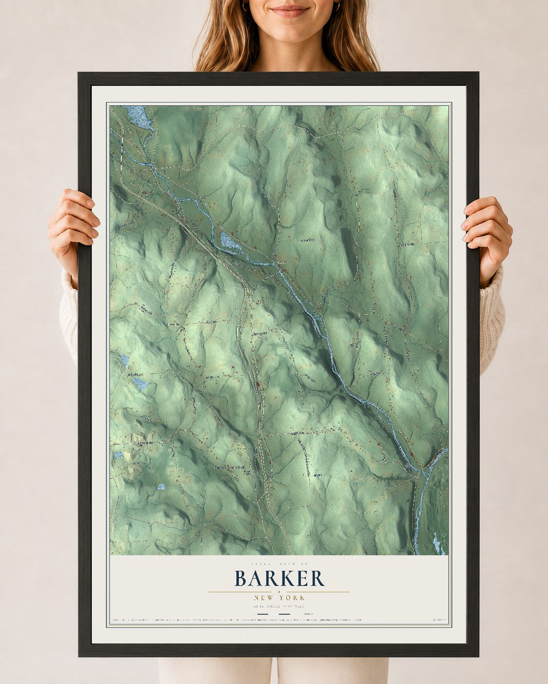 Barker, New York map print, 24" x 36" W/ Black Ayous Wood Frame mockup