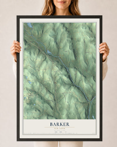 Barker, New York map print, 24" x 36" W/ Black Ayous Wood Frame mockup