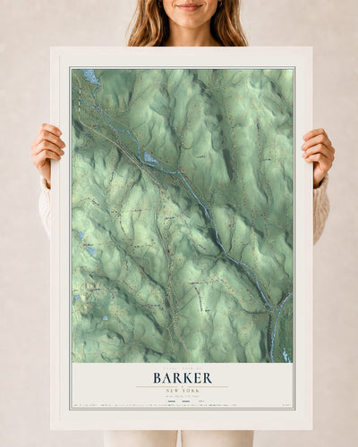 Barker, New York map print, 24" x 36" W/ White Ayous Wood Frame mockup