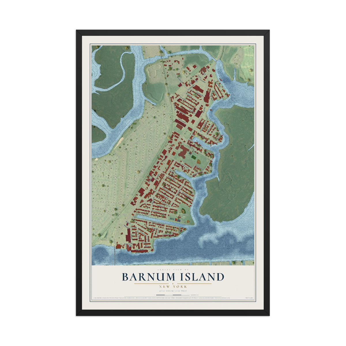 Barnum Island, New York map print, 12" x 18" W/ Black Ayous Wood Frame mockup