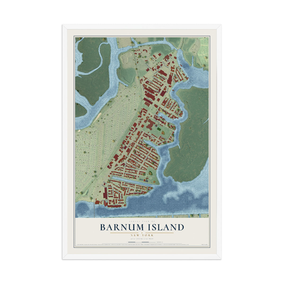 Barnum Island, New York map print, 12" x 18" W/ White Ayous Wood Frame mockup