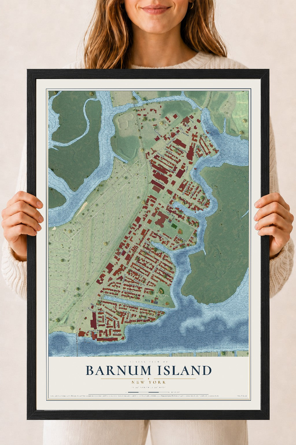 Barnum Island, New York map print, 18" x 24" W/ Black Ayous Wood Frame mockup