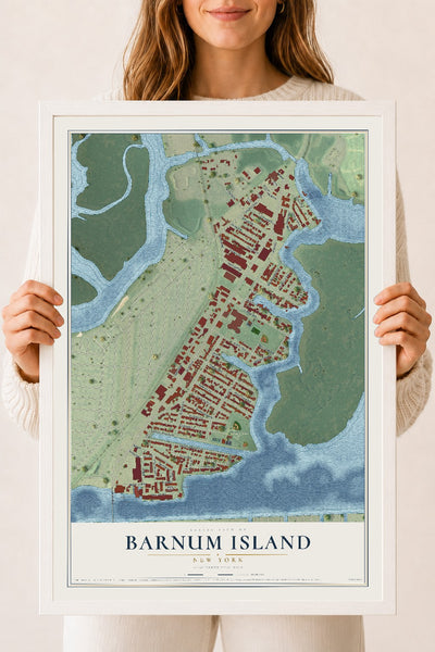 Barnum Island, New York map print, 18" x 24" W/ White Ayous Wood Frame mockup