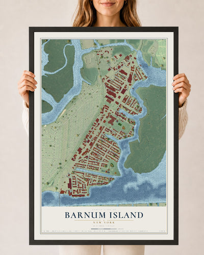 Barnum Island, New York map print, 24" x 36" W/ Black Ayous Wood Frame mockup