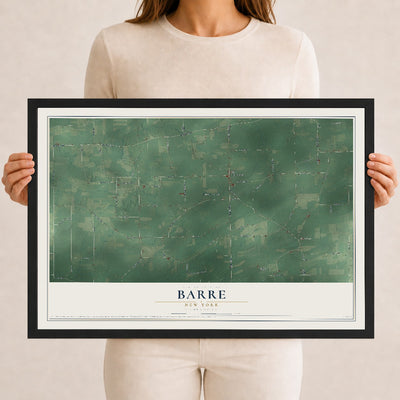 Barre, New York map print, 12" x 18" W/ Black Ayous Wood Frame mockup