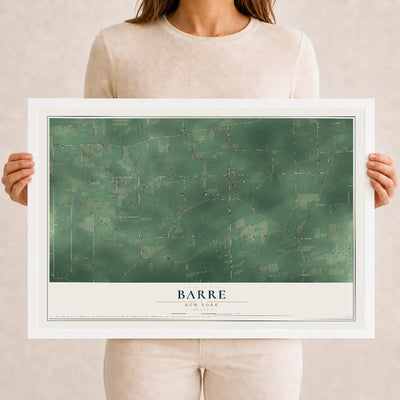 Barre, New York map print, 12" x 18" W/ White Ayous Wood Frame mockup