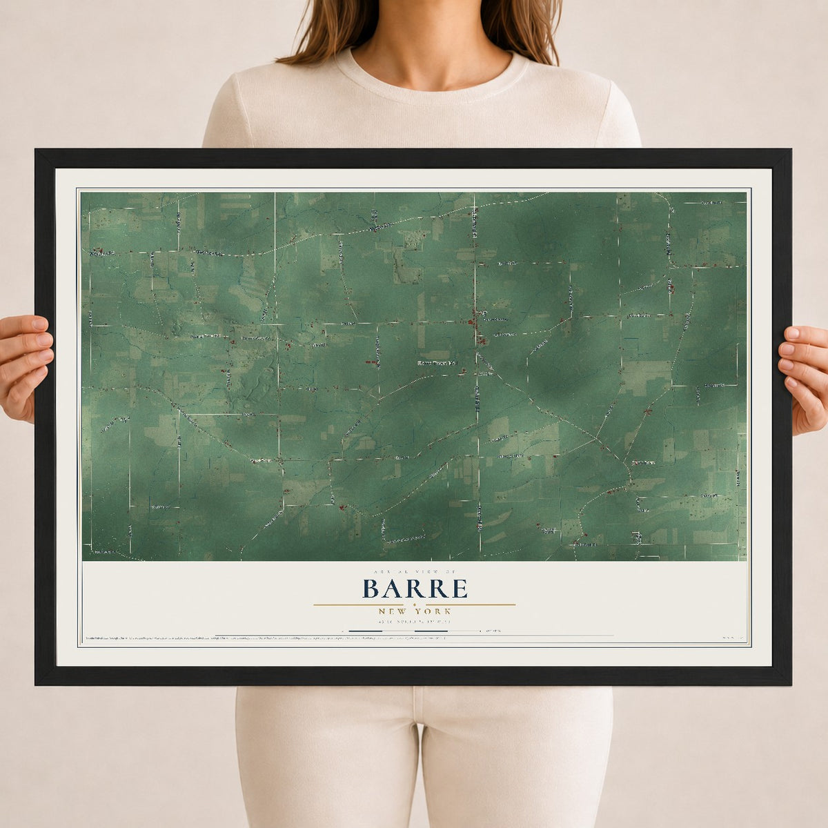 Barre, New York map print, 18" x 24" W/ Black Ayous Wood Frame mockup