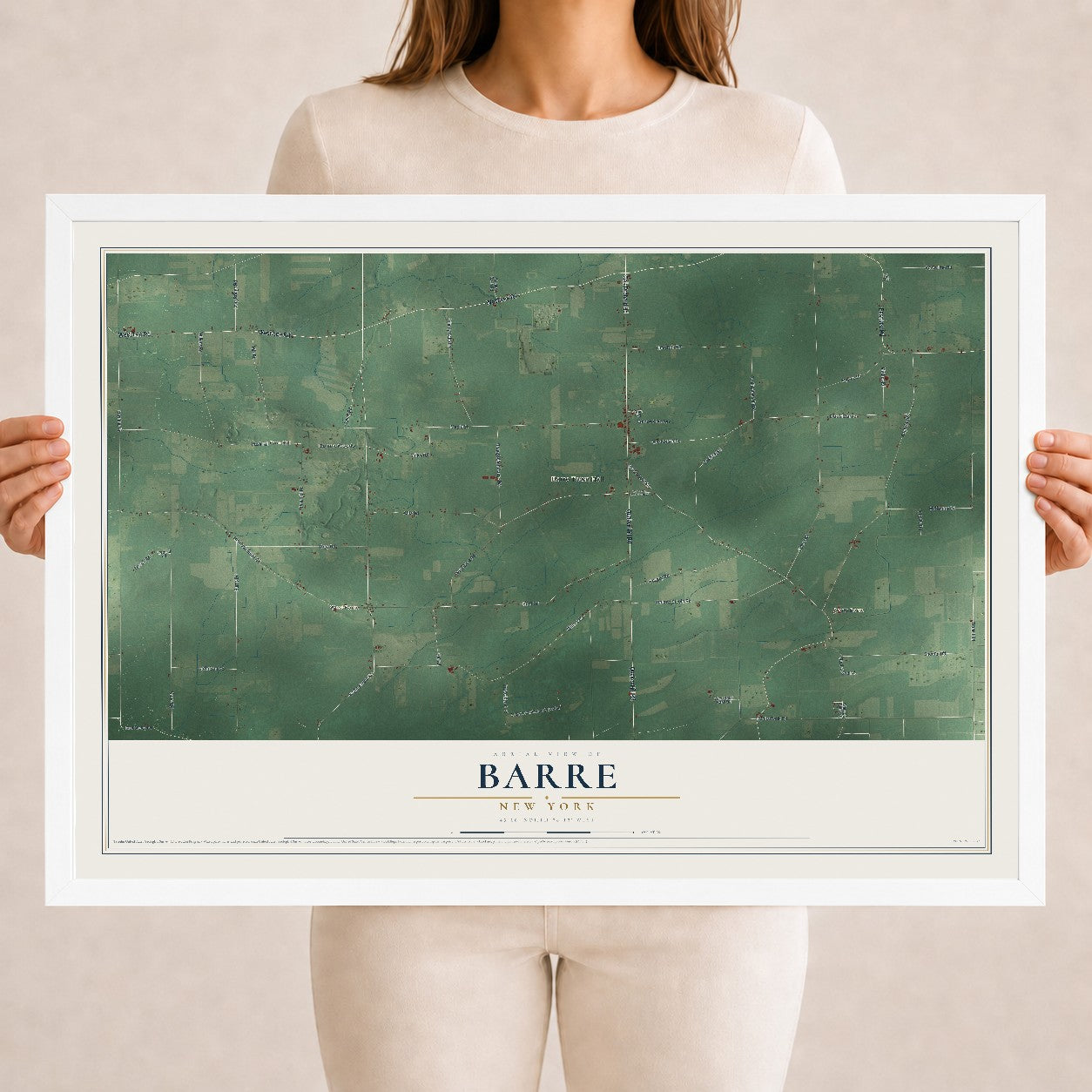 Barre, New York map print, 18" x 24" W/ White Ayous Wood Frame mockup