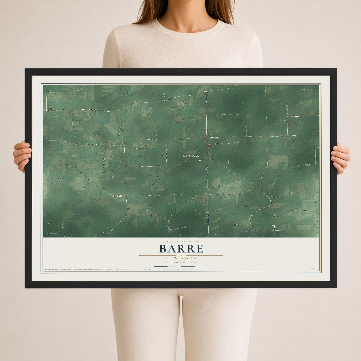 Barre, New York map print, 24" x 36" W/ Black Ayous Wood Frame mockup