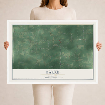 Barre, New York map print, 24" x 36" W/ White Ayous Wood Frame mockup
