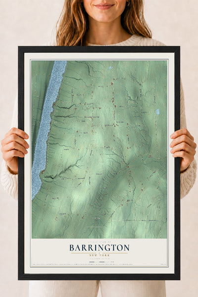 Barrington, New York map print, 18" x 24" W/ Black Ayous Wood Frame mockup