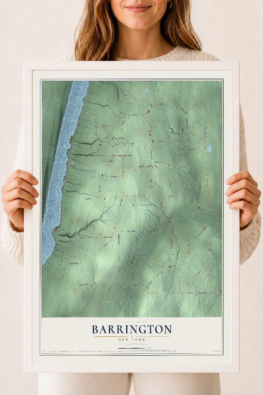 Barrington, New York map print, 18" x 24" W/ White Ayous Wood Frame mockup