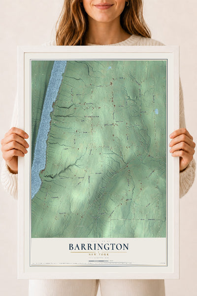 Barrington, New York map print, 18" x 24" W/ White Ayous Wood Frame mockup