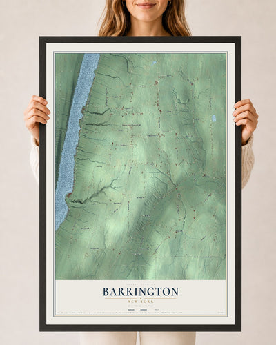 Barrington, New York map print, 24" x 36" W/ Black Ayous Wood Frame mockup