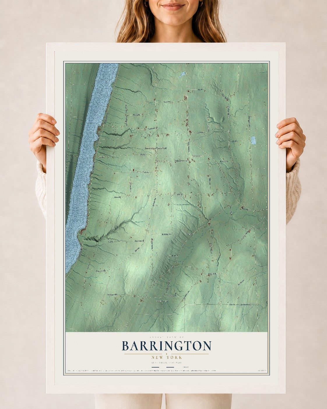 Barrington, New York map print, 24" x 36" W/ White Ayous Wood Frame mockup