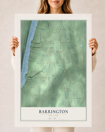 Barrington, New York map print, 24" x 36" W/ White Ayous Wood Frame mockup