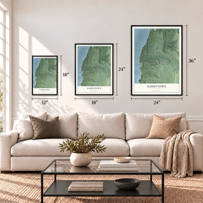 Barrytown, New York map in 12 x 18, 18 x 24 and 24 x 36 inch sizes above a sofa